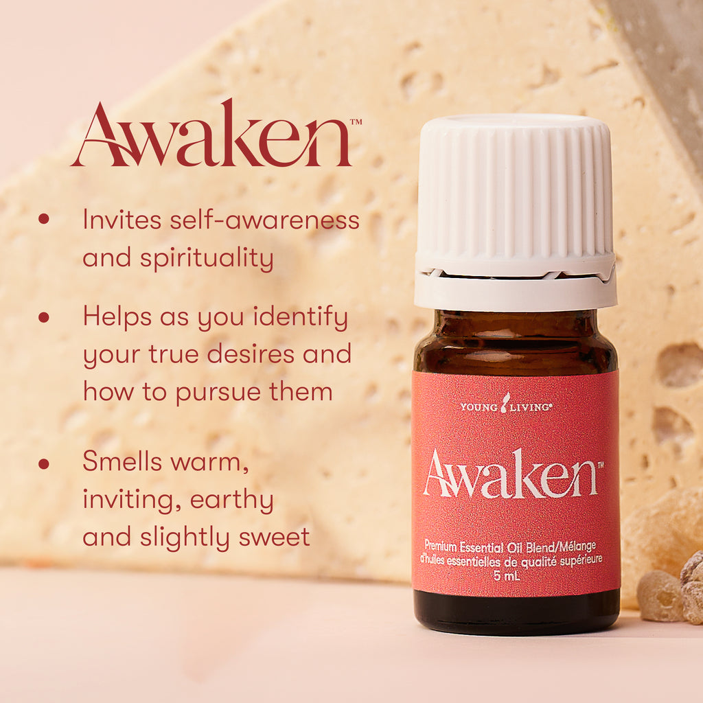 Young Living Awaken essential oil bottle with product description text on a beige background
