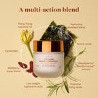 A jar Anti-Aging Intensive Moisturizer centered on a beige background with ingredient callouts around it, including hydrating seaweed blend, amino acids, deepSpectra Frankincense extract, essential fatty acids, low-weight hyaluronic acid, and wolfberry super blend.