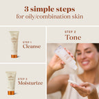 Step 1 Cleanse with Cleansing Gel, Step 2 Tone with a woman pouring toner, and Step 3 Moisturize 