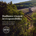 A scenic outdoor photograph of a truck driving through rows of lavender fields on a hillside, framed by dense green trees. Large white text reads 'Radiance rooted in responsibility' with smaller text below and a circular 'Seed of Seal' logo at the bottom left.