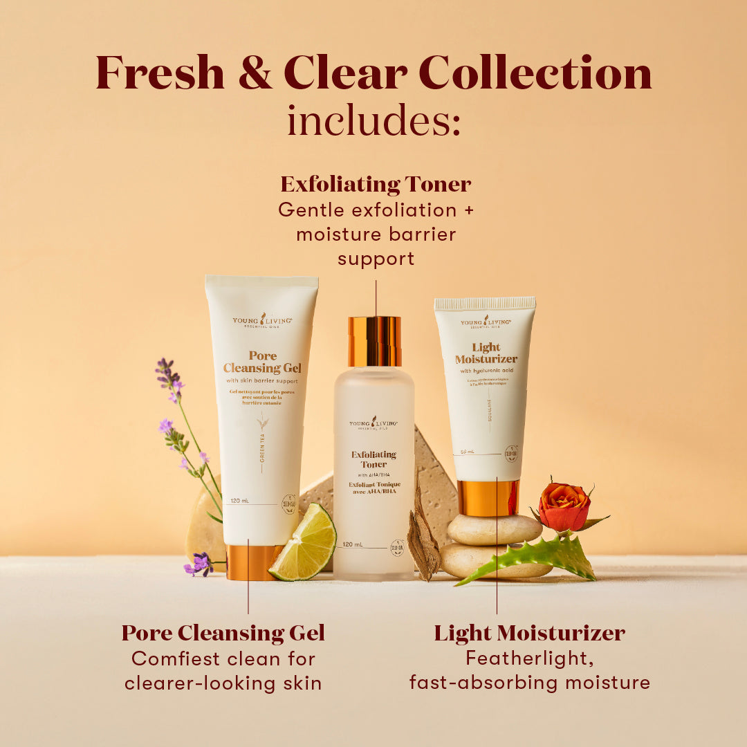 A promotional product graphic for the Fresh & Clear Collection showing three skincare items: a Pore Cleansing Gel tube, an Exfoliating Toner bottle, and a Light Moisturizer tube, arranged on a beige surface against a warm beige background with decorative flowers, a lime wedge, and text callouts.
