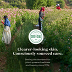 People working in a flower field. Text reading Clearer-Looking Skin. Seed to Seal logo