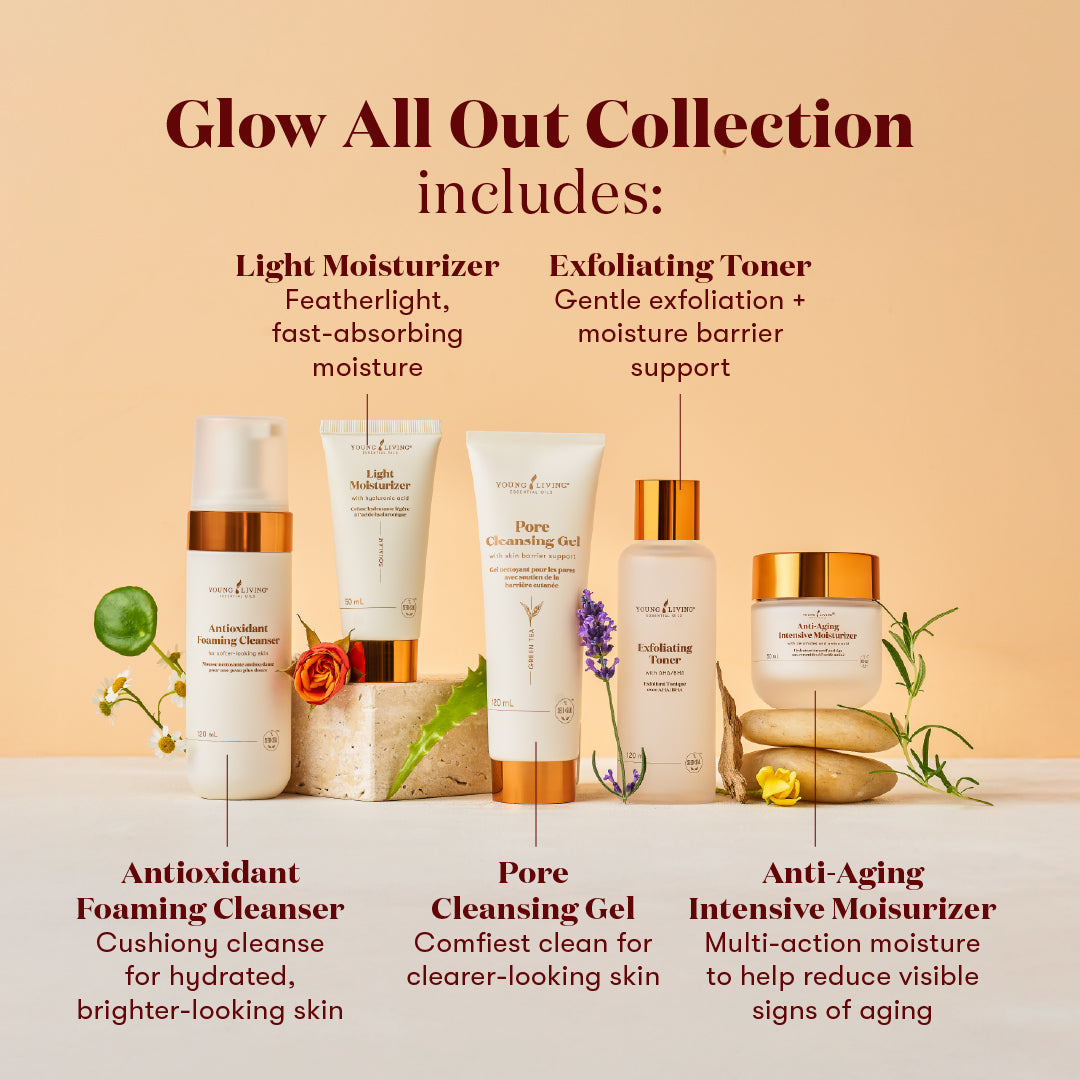 Glow All Out Collection contents: Light Moisturizer, Exfoliating Toner, Antioxidant Foaming Cleanser, Pore Cleansing Gel, Anti-Aging Intensive Moisturizer.