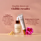 Two skincare products are displayed on a warm beige surface against a matching pink background: a Collagen Peptide Serum bottle and a Brightening Eye Cream tube, styled with a pink flower. Text callouts describe each product and its benefits.