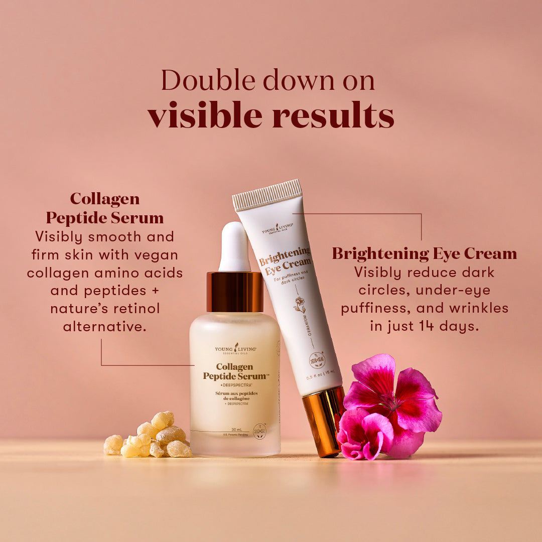 Two skincare products are displayed on a warm beige surface against a matching pink background: a Collagen Peptide Serum bottle and a Brightening Eye Cream tube, styled with a pink flower. Text callouts describe each product and its benefits.