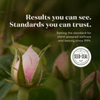 A close-up photograph of a pink rose bud on a blurred green plant background, with white text reading 'Results you can see. Standards you can trust.