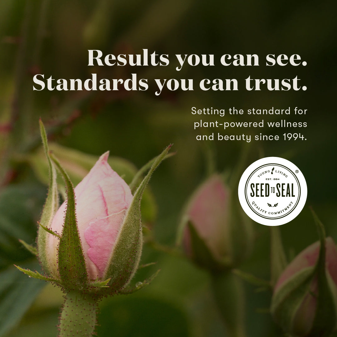 A close-up photograph of a pink rose bud on a blurred green plant background, with white text reading 'Results you can see. Standards you can trust.