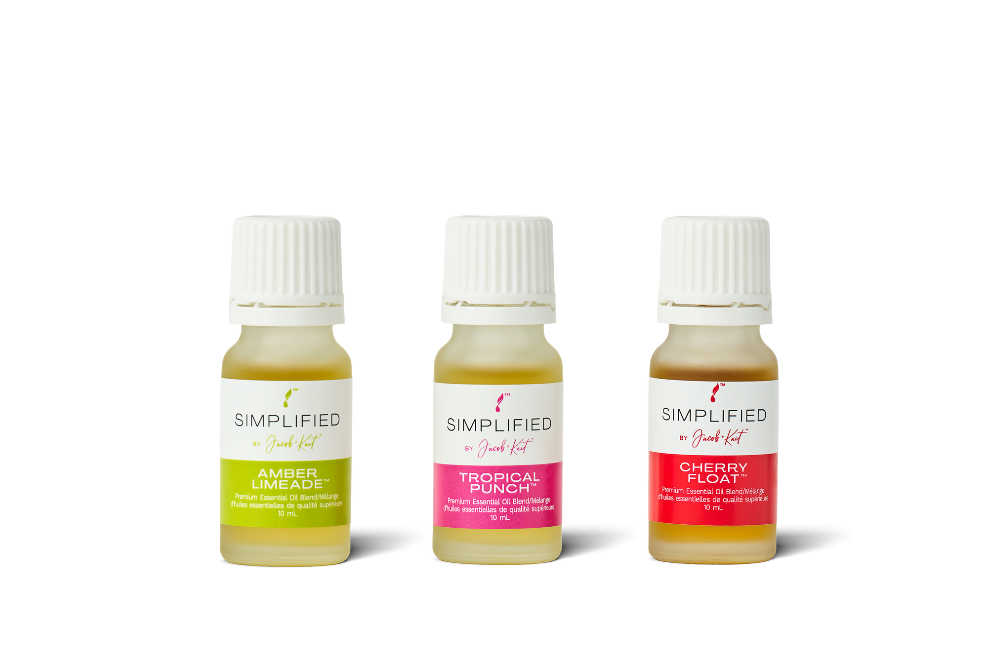 Three small bottles of Simplified Aromatics with different colored labels on a white background