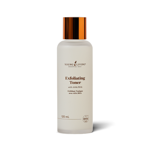 A 120 mL bottle of Young Living Exfoliating Toner with a frosted white body and a metallic copper cap, shown on a clean white background with a soft shadow.
