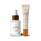 Two skincare products from Young Living on a white background: a Collagen Peptide Serum dropper bottle with a white and gold cap, and a Brightening Eye Cream tube with a cream-colored body and gold cap.