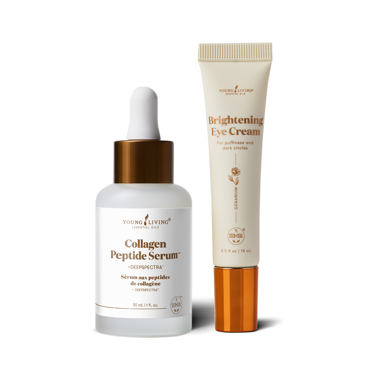 Two skincare products from Young Living on a white background: a Collagen Peptide Serum dropper bottle with a white and gold cap, and a Brightening Eye Cream tube with a cream-colored body and gold cap.