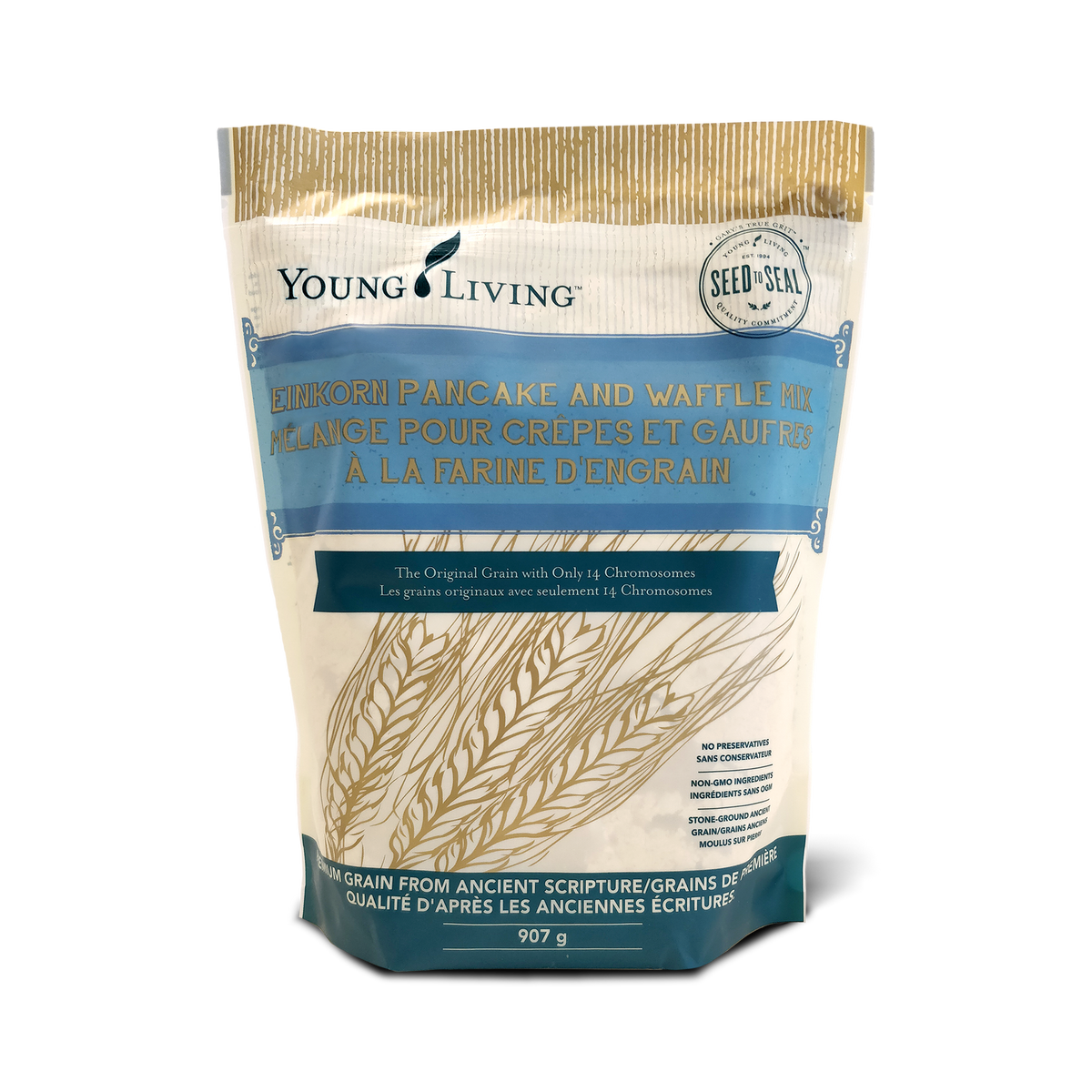 Young Living Einkorn Pancake and Waffle Mix packaging on a white background