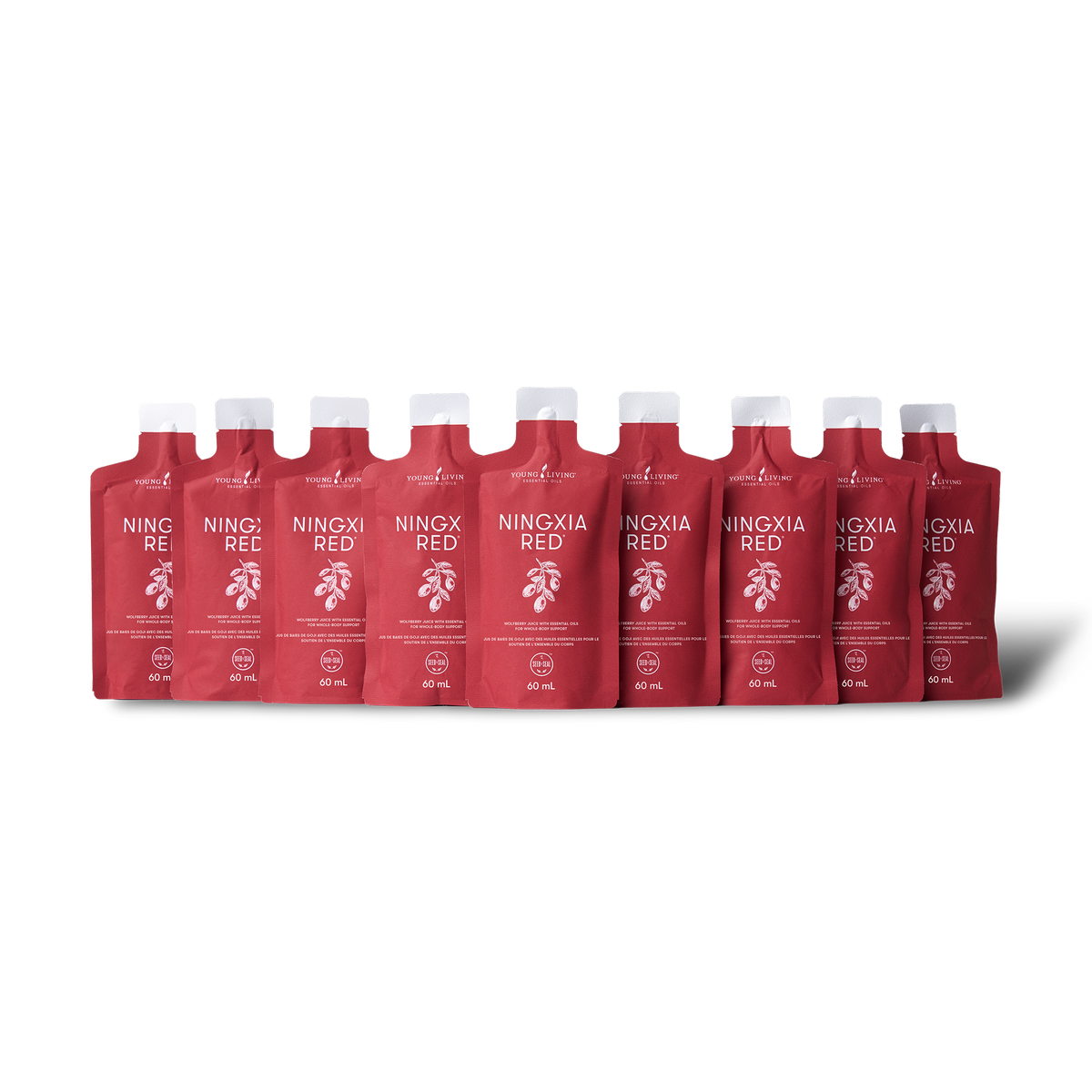 A pack of NINGXIA RED dietary supplement pouches arranged in a row against a white background.
