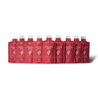 A pack of NINGXIA RED dietary supplement pouches arranged in a row against a white background.