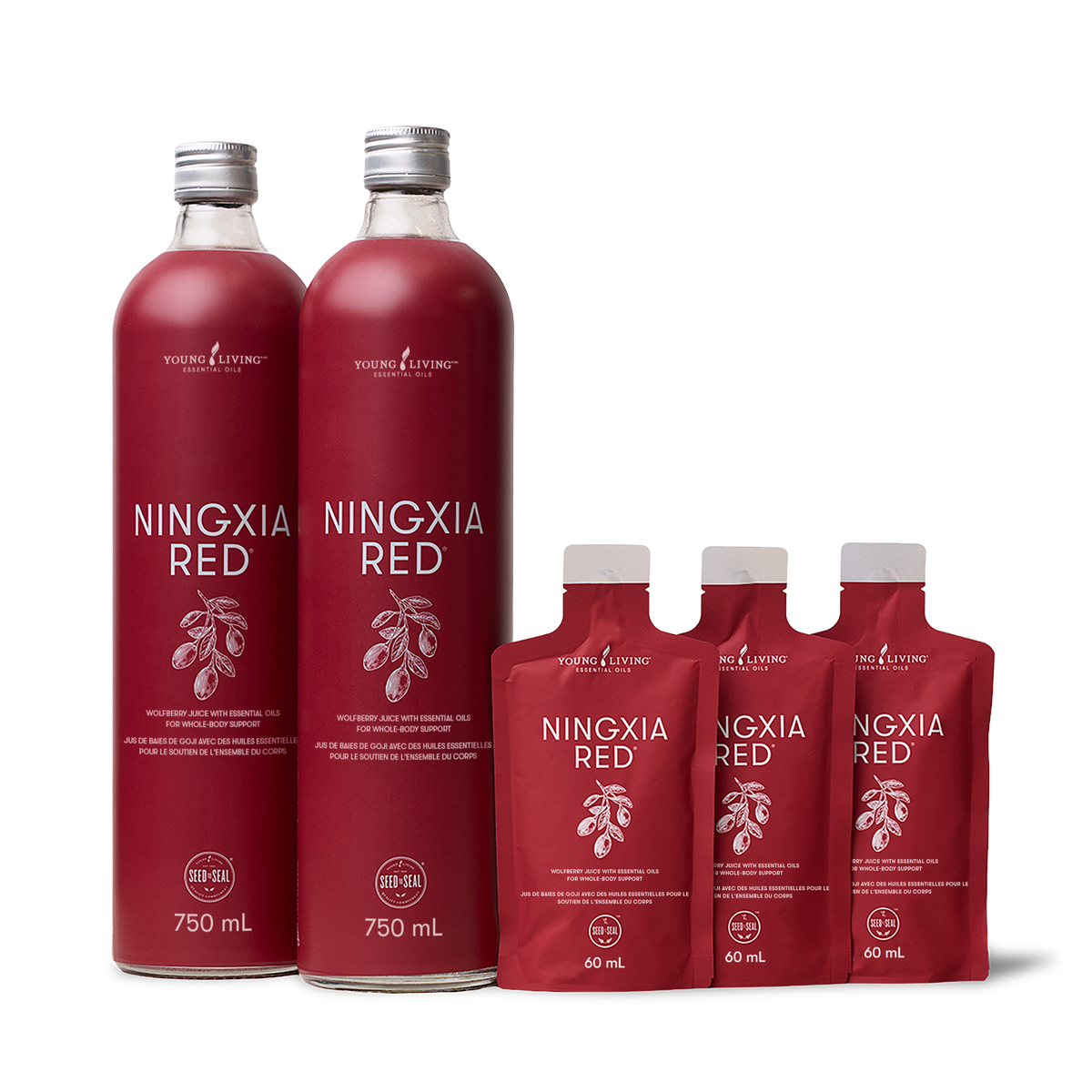 Two large glass bottles and four smaller pouches of Young Living Ningxia Red, arranged on a clean white background.