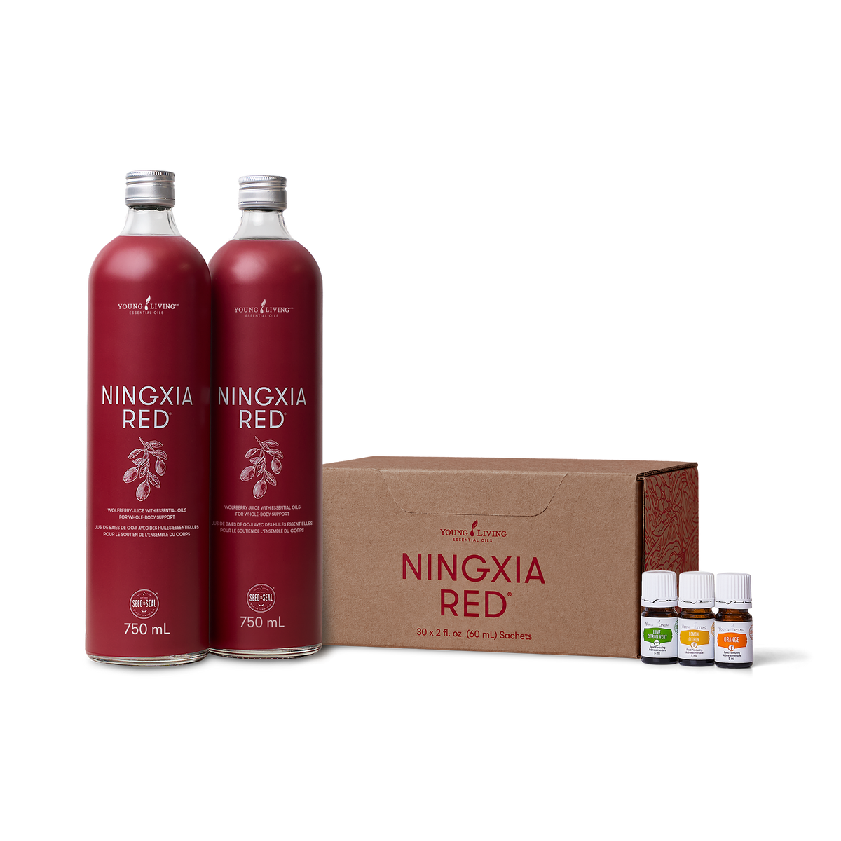 Two 750 mL bottles of Ningxia Red herbal tincture bottles with silver caps, displayed next to a brown cardboard box and three small essential oil bottles on a white background.