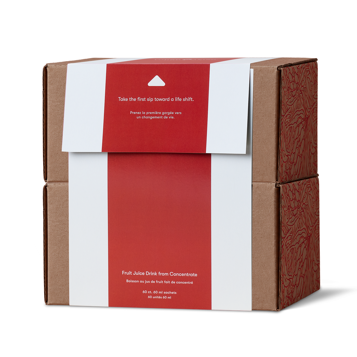 brown cardboard box wrapped with a red and white paper sleeve. The sleeve features white text that reads 'Take the first sip toward a life shift.
