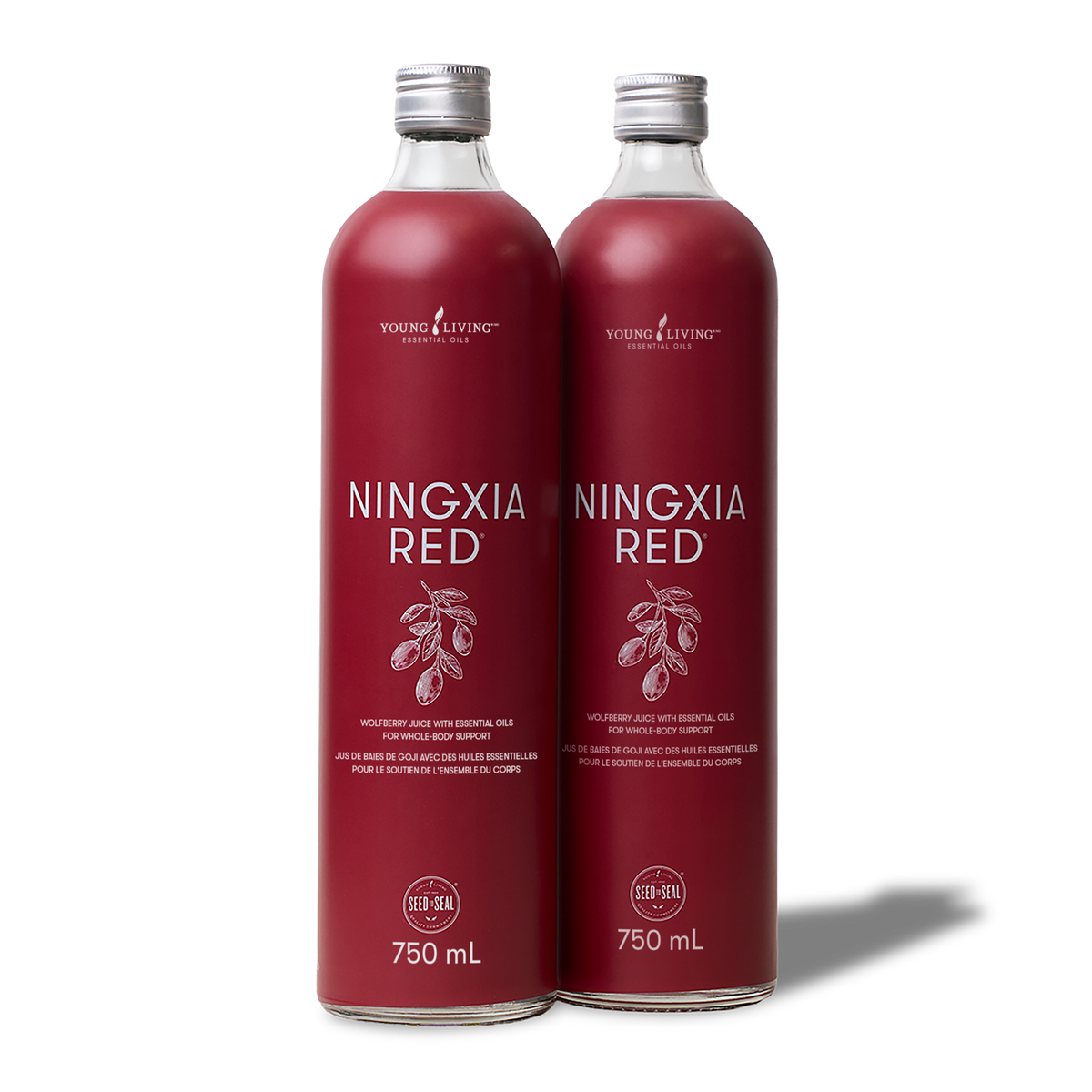 Two 750 mL bottles of Young Living NINGXIA RED shown side by side on a white background with a soft shadow.