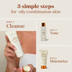 A three-step skincare routine graphic for oily/combination skin, showing a person holding a cleansing gel tube under the label 'STEP 1 Cleanse,' a toner bottle under 'STEP 2 Tone,' and a moisturizer tube under 'STEP 3 Moisturize,' with the headline '3 simple steps for oily/combination skin' at the top.
