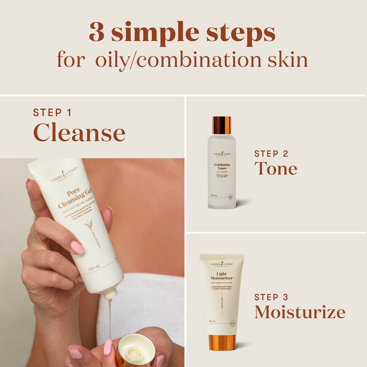 A three-step skincare routine graphic for oily/combination skin, showing a person holding a cleansing gel tube under the label 'STEP 1 Cleanse,' a toner bottle under 'STEP 2 Tone,' and a moisturizer tube under 'STEP 3 Moisturize,' with the headline '3 simple steps for oily/combination skin' at the top.