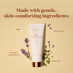 A tube of Young Living Pore Cleansing Gel centered on a warm beige background with decorative text and ingredient callouts including Aloe, Niacinamide, Lavender essential oil, and Green tea.