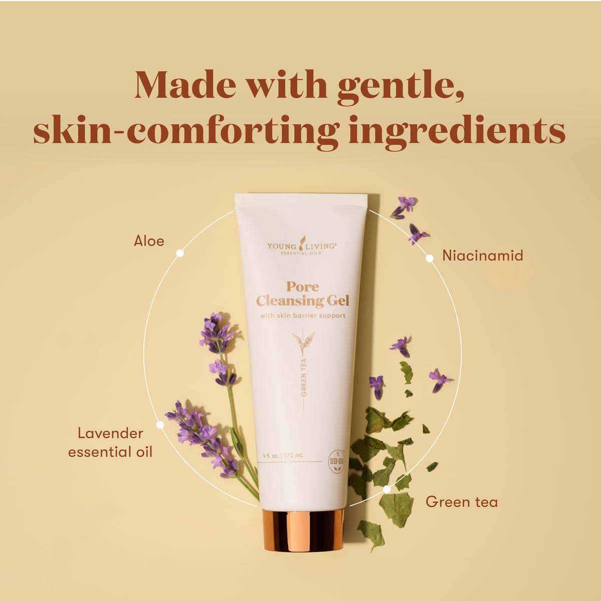 A tube of Young Living Pore Cleansing Gel centered on a warm beige background with decorative text and ingredient callouts including Aloe, Niacinamide, Lavender essential oil, and Green tea.