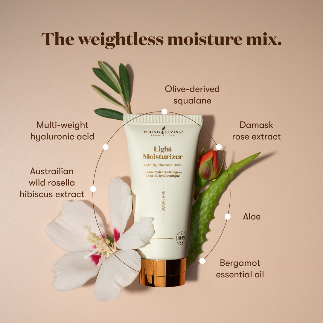 A tube of Young Living Light Moisturizer centered on a warm beige background, surrounded by botanical ingredients and text labels including olive-derived squalane, damask rose extract, aloe, bergamot essential oil, and Australian wild rosella hibiscus extract.