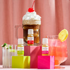 Assorted drinks with bottles labeled 'Dapurifed' against a pink curtain background